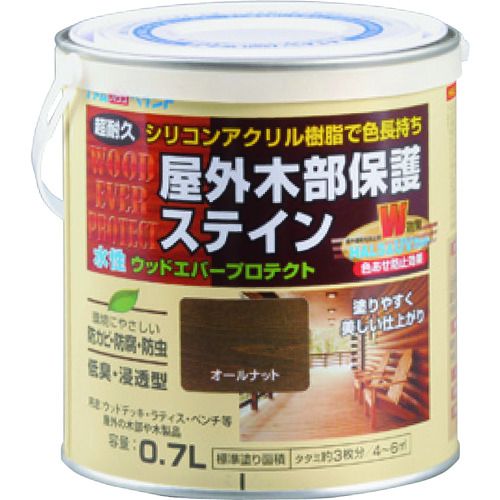 特長:●シリコンアクリル樹脂にHALS（紫外線劣化防止剤）とUV吸収剤を配合した高性能木部保護塗料です。●水性でありながら色あせに強く、塗り継ぎムラがでにくい塗料です。●防カビ、防虫、防腐効果に優れ、木部を長期間保護します。●塗り替え時でも、しっかりと色が付く半造膜ステインです。 用途:●ウッドデッキ、ラティス、木製家具、木製ベンチなどの屋外木部に。 仕様:●色：オールナット●容量(L)：0.7●指触乾燥時間：夏期/約1、冬期/約2〜3●塗り重ね可能時間：夏期/約2、冬期/約4日●塗り重ね回数：2●塗布面積(［［M2］］)：4〜6(畳枚数換算約3枚分) 仕様2:●塗り面積(m2)：4〜6（畳枚数換算約3枚）●液性：水性（半造膜タイプ）●希釈剤：不要 材質／仕上:●合成樹脂（シリコンアクリル） 注意:●塗りつぶしタイプの塗装面にはご使用になれません。●気温5℃以下の場合、湿度85%以上の場合は塗装を避けてください。●塗れない場所の代表例【木以外の素材、塗装面、プリント合板やプラスチック、特殊処理をされた素材、屋内の床、乾燥不十分な木や竹材、食器類、ペットがかじったりする素材や場所など】。特長:●シリコンアクリル樹脂にHALS（紫外線劣化防止剤）とUV吸収剤を配合した高性能木部保護塗料です。●水性でありながら色あせに強く、塗り継ぎムラがでにくい塗料です。●防カビ、防虫、防腐効果に優れ、木部を長期間保護します。●塗り替え時でも、しっかりと色が付く半造膜ステインです。 用途:●ウッドデッキ、ラティス、木製家具、木製ベンチなどの屋外木部に。 仕様:●色：オールナット●容量(L)：0.7●指触乾燥時間：夏期/約1、冬期/約2〜3●塗り重ね可能時間：夏期/約2、冬期/約4日●塗り重ね回数：2●塗布面積(［［M2］］)：4〜6(畳枚数換算約3枚分) 仕様2:●塗り面積(m2)：4〜6（畳枚数換算約3枚）●液性：水性（半造膜タイプ）●希釈剤：不要 材質／仕上:●合成樹脂（シリコンアクリル） 注意:●塗りつぶしタイプの塗装面にはご使用になれません。●気温5℃以下の場合、湿度85%以上の場合は塗装を避けてください。●塗れない場所の代表例【木以外の素材、塗装面、プリント合板やプラスチック、特殊処理をされた素材、屋内の床、乾燥不十分な木や竹材、食器類、ペットがかじったりする素材や場所など】。