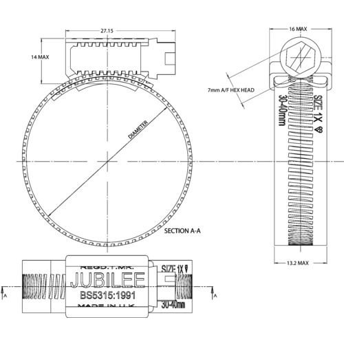 JUBILEE　ホースクリップ　締付径　158−190mm　（5個入）　1袋 (JBL7.5SS316)