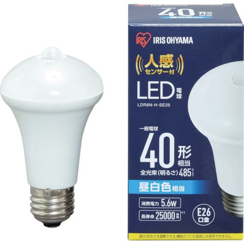 特長:●必要な時だけ点灯し、人がいなくなったら消灯する、人感センサー付LED電球です。●人感センサー付で人に反応して自動に点灯し、離れるとゆるやかに自動で消灯する（約90秒後）ので、消し忘れが無く経済的です。●口金サイズはE26口金で、電球が下向きになる開放形器具でご使用いただけます。●廊下や階段やトイレや玄関などに最適です。●長寿命約40000時間で、ランプ交換の手間が少ないLED電球です。 仕様:●明るさ(lm)：485●外径(mm)：60●光源色：昼白色相当●消費電力(W)：5.1●全長(mm)：106●標準消費電力料金：0.14円/h●口金：E26●相当電球(W形)：40●電源(V)：100●長さ(mm)：100 仕様2:●電源：AC100V●定格寿命：40000時間●待機電力：0.1W●配光角度：120° 材質／仕上:●ポリカーボネート●ポリカーボネート●PBT特長:●必要な時だけ点灯し、人がいなくなったら消灯する、人感センサー付LED電球です。●人感センサー付で人に反応して自動に点灯し、離れるとゆるやかに自動で消灯する（約90秒後）ので、消し忘れが無く経済的です。●口金サイズはE26口金で、電球が下向きになる開放形器具でご使用いただけます。●廊下や階段やトイレや玄関などに最適です。●長寿命約40000時間で、ランプ交換の手間が少ないLED電球です。 仕様:●明るさ(lm)：485●外径(mm)：60●光源色：昼白色相当●消費電力(W)：5.1●全長(mm)：106●標準消費電力料金：0.14円/h●口金：E26●相当電球(W形)：40●電源(V)：100●長さ(mm)：100 仕様2:●電源：AC100V●定格寿命：40000時間●待機電力：0.1W●配光角度：120° 材質／仕上:●ポリカーボネート●ポリカーボネート●PBT