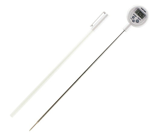 プローブ長275mmのロングタイプ。 IPX5に準拠した防水性能。 -50℃から+300℃までの広範囲で測定できます。 プローブの先端が2.2mmと細いため、応答速度が速く、　被測定物へのさし傷が目立ちにくいです。 MAX/MINメモリ表示機能、表示ホールド機能付き 保護用プローブキャップ付。センサ：サーミスタ プローブ：φ3.5　x　275　mm　（先端φ2.2mm）、SUS304 測定範囲：-50　〜　+300℃ 分解能：0.1℃ 測定精度：±1℃（　-10.0　〜　+100.0℃　）、±2℃（　-50.0　〜　-10.1℃、+100.1　〜　+200.0℃　）±4℃（　+200.1　〜　+300.0℃　） サンプリング：約　1回/秒 オートパワーオフ：機能なし 使用温度：0　〜　+50℃（但し、結露のないこと） 保存温湿度：-20　〜　+65℃、80％RH以下（但し、結露のないこと） 寸法、重量：W45×H350×D18　mm　、　約35g（電池およびプローブキャップを含む） 電源：LR44　（1.5V　）　ボタン型電池　1個 電池寿命：約1年（1日約3時間の使用にて） 防水性：IPX5　準拠 付属品：取扱説明書（保証書付き）、プローブキャップ 用途：学校やホテル、レストラン等の厨房での食品温度管理に。学校の理化学実験に。野菜栽培の土、水などの温度管理に。その他水温チェック全般に。プローブ長275mmのロングタイプ。 IPX5に準拠した防水性能。 -50℃から+300℃までの広範囲で測定できます。 プローブの先端が2.2mmと細いため、応答速度が速く、　被測定物へのさし傷が目立ちにくいです。 MAX/MINメモリ表示機能、表示ホールド機能付き 保護用プローブキャップ付。センサ：サーミスタ プローブ：φ3.5　x　275　mm　（先端φ2.2mm）、SUS304 測定範囲：-50　〜　+300℃ 分解能：0.1℃ 測定精度：±1℃（　-10.0　〜　+100.0℃　）、±2℃（　-50.0　〜　-10.1℃、+100.1　〜　+200.0℃　）±4℃（　+200.1　〜　+300.0℃　） サンプリング：約　1回/秒 オートパワーオフ：機能なし 使用温度：0　〜　+50℃（但し、結露のないこと） 保存温湿度：-20　〜　+65℃、80％RH以下（但し、結露のないこと） 寸法、重量：W45×H350×D18　mm　、　約35g（電池およびプローブキャップを含む） 電源：LR44　（1.5V　）　ボタン型電池　1個 電池寿命：約1年（1日約3時間の使用にて） 防水性：IPX5　準拠 付属品：取扱説明書（保証書付き）、プローブキャップ 用途：学校やホテル、レストラン等の厨房での食品温度管理に。学校の理化学実験に。野菜栽培の土、水などの温度管理に。その他水温チェック全般に。