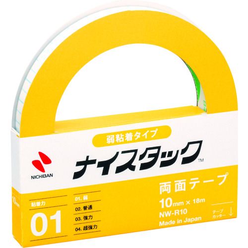 特長:●きれいに剥がせるタイプのナイスタック[[(R)]]です。●貼り直しができ、はがした後にのりも残りません。 用途:●小型ポスター、連絡、伝言などの仮止め。 仕様:●幅(mm)：10●長さ(m)：18●厚さ(mm)：0.06 仕様2:●グリーン購入法『特定調達品目』対象商品 材質／仕上:●基材:古紙パルプ配合率40%再生紙●粘着剤:アクリル系●はく離紙:紙特長:●きれいに剥がせるタイプのナイスタック[[(R)]]です。●貼り直しができ、はがした後にのりも残りません。 用途:●小型ポスター、連絡、伝言などの仮止め。 仕様:●幅(mm)：10●長さ(m)：18●厚さ(mm)：0.06 仕様2:●グリーン購入法『特定調達品目』対象商品 材質／仕上:●基材:古紙パルプ配合率40%再生紙●粘着剤:アクリル系●はく離紙:紙