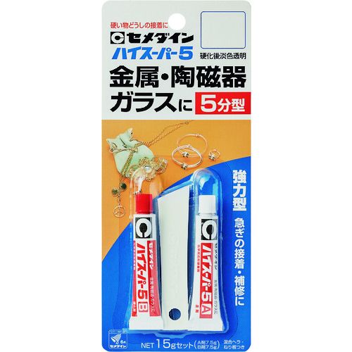 特長:●混合後5分で硬化が始まるエポキシ系接着剤です。耐水性があり、硬いものの接着に向いています。A剤（主剤）をブルーに着色してあり、混合の目安として色が消えるため大変便利です。●急ぎの作業に適する速硬化タイプです。●主剤をブルーに着色してあり、混合の目安として色が消えるため大変便利です。 用途:●金属、陶磁器、ガラス、木などの接着 仕様:●色：硬化後淡色透明●色(主剤/硬化剤)：青色半透明/淡黄色半透明●容量(g)：15 仕様2:●チューブタイプ 材質／仕上:●主成分：エポキシ樹脂 セット内容／付属品:●A液（主剤）7.5g B液（硬化剤）7.5g●ヘラ、ねり板特長:●混合後5分で硬化が始まるエポキシ系接着剤です。耐水性があり、硬いものの接着に向いています。A剤（主剤）をブルーに着色してあり、混合の目安として色が消えるため大変便利です。●急ぎの作業に適する速硬化タイプです。●主剤をブルーに着色してあり、混合の目安として色が消えるため大変便利です。 用途:●金属、陶磁器、ガラス、木などの接着 仕様:●色：硬化後淡色透明●色(主剤/硬化剤)：青色半透明/淡黄色半透明●容量(g)：15 仕様2:●チューブタイプ 材質／仕上:●主成分：エポキシ樹脂 セット内容／付属品:●A液（主剤）7.5g B液（硬化剤）7.5g●ヘラ、ねり板