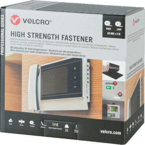 特長:●強力な係合が可能でしっかり固定できます。●ポリ塩化ビニル、アルミニウム、ステンレス、化粧板、ガラスなどに粘着させて固定できます。●VELCRO［［R上］］は何度でも脱着可能です。●フックとループがセットで箱に入っています。●お好みのサイズにカットし易いよう箱に目盛りがついています。 用途:●あらゆるもの固定に。 仕様:●色：黒●幅(mm)：50●長さ(m)：5●厚さ(mm)：3.5●引張せん断強度(N/［［CM2］］)：31●使用温度範囲(℃)：-20〜120●最大使用荷重（kg/10cm）：8 仕様2:●粘着のりつきタイプ●剥離強度：6N/cm 材質／仕上:●ポリアミド●粘着剤：アクリル系 注意:●テープ接着面を綺麗に拭いてからご使用下さい。特長:●強力な係合が可能でしっかり固定できます。●ポリ塩化ビニル、アルミニウム、ステンレス、化粧板、ガラスなどに粘着させて固定できます。●VELCRO［［R上］］は何度でも脱着可能です。●フックとループがセットで箱に入っています。●お好みのサイズにカットし易いよう箱に目盛りがついています。 用途:●あらゆるもの固定に。 仕様:●色：黒●幅(mm)：50●長さ(m)：5●厚さ(mm)：3.5●引張せん断強度(N/［［CM2］］)：31●使用温度範囲(℃)：-20〜120●最大使用荷重（kg/10cm）：8 仕様2:●粘着のりつきタイプ●剥離強度：6N/cm 材質／仕上:●ポリアミド●粘着剤：アクリル系 注意:●テープ接着面を綺麗に拭いてからご使用下さい。