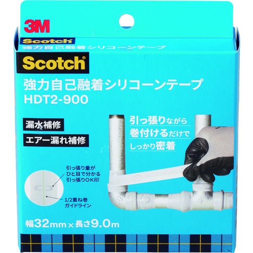特長:●パイプや配管等の漏水部に直接巻きつけるだけで止水することが可能です。●高い耐久性・耐候性を持つシリコーン製テープです。●テープ同士が互いに融着して一体化します。接着剤は使用されておらず、べたつきません。●引張って巻き付けるだけでテープ自体の伸縮力によって強く密着します。●自己融着の性能は温度・湿度などから影響をほとんど受けません。高温180℃対応●引っ張って巻きつけることで、強い締め付け力が得られ、噴き出す水漏れ等 圧力がかかっている状態でも補修ができます。●外す時にはカッター等で簡単に取り外せます。●厚生労働省告示第261号の水道水(飲料水)に関する検査済みで上水道管補修にも使用できます。●テープの適正な引っ張り量がひと目でわかる「引っ張りOK印」が付き。また1/2重ね巻がひと目で分かるセンターライン付き●1/2重ねで3往復以上巻けば25Aの配管における7.0MPaの耐圧層を形成します。 用途:●水漏れ、エア漏れ、油漏れしている配管やパイプの補修用途。●配管継ぎ手、パイプの漏れ補修用途。●電線、電気ケーブルの電気絶縁用途。●自動車内ホースや散水ホース等の各種ホースの補修用途。 仕様:●色：灰●幅(mm)：32●長さ(m)：9●厚さ(mm)：エッジ部 0.25、中心部1.0●使用温度範囲(℃)：-20~180●引張強度(N/10mm)：21●絶縁破壊強さ(kV/mm)：23●伸び：400%以上 仕様2:●電気絶縁性能●RoHS指令（10物質)に対応しています。 材質／仕上:●基材：シリコーン 注意:●鋭利なもので容易に切れますので、巻きつけ後はそのようなものが触れないようご注意ください。特長:●パイプや配管等の漏水部に直接巻きつけるだけで止水することが可能です。●高い耐久性・耐候性を持つシリコーン製テープです。●テープ同士が互いに融着して一体化します。接着剤は使用されておらず、べたつきません。●引張って巻き付けるだけでテープ自体の伸縮力によって強く密着します。●自己融着の性能は温度・湿度などから影響をほとんど受けません。高温180℃対応●引っ張って巻きつけることで、強い締め付け力が得られ、噴き出す水漏れ等 圧力がかかっている状態でも補修ができます。●外す時にはカッター等で簡単に取り外せます。●厚生労働省告示第261号の水道水(飲料水)に関する検査済みで上水道管補修にも使用できます。●テープの適正な引っ張り量がひと目でわかる「引っ張りOK印」が付き。また1/2重ね巻がひと目で分かるセンターライン付き●1/2重ねで3往復以上巻けば25Aの配管における7.0MPaの耐圧層を形成します。 用途:●水漏れ、エア漏れ、油漏れしている配管やパイプの補修用途。●配管継ぎ手、パイプの漏れ補修用途。●電線、電気ケーブルの電気絶縁用途。●自動車内ホースや散水ホース等の各種ホースの補修用途。 仕様:●色：灰●幅(mm)：32●長さ(m)：9●厚さ(mm)：エッジ部 0.25、中心部1.0●使用温度範囲(℃)：-20~180●引張強度(N/10mm)：21●絶縁破壊強さ(kV/mm)：23●伸び：400%以上 仕様2:●電気絶縁性能●RoHS指令（10物質)に対応しています。 材質／仕上:●基材：シリコーン 注意:●鋭利なもので容易に切れますので、巻きつけ後はそのようなものが触れないようご注意ください。