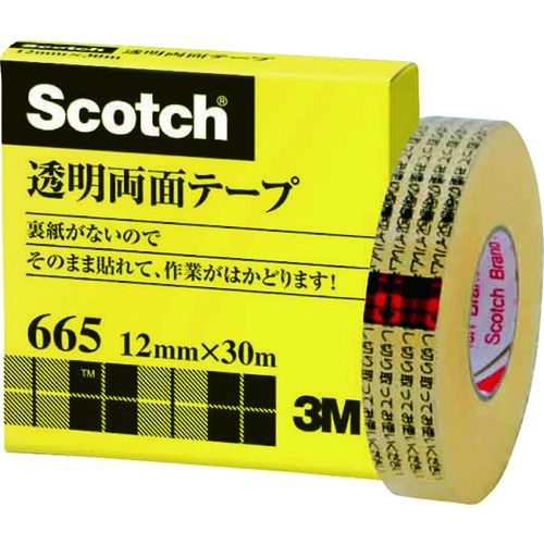 特長:●裏紙（はく離紙）がなく使いやすい透明両面テープです。●透明な素材の採用で、目立たずきれいに仕上がります。●ガラスにポスター、掲示板などを貼るときに便利です。●ガラスにポスター、掲示物などを貼るときに便利です。●変質、変色しにくく、長期保存に耐えます。 用途:●ポスターなど掲示物の貼り込み、写真や記事などのスクラップに。●製品見本帖の作成、写真製版の張り込みなどに。 仕様:●色：透明●幅(mm)：12●長さ(m)：30●厚さ(mm)：0.07 仕様2:●粘着力：1.8N/10mm(内側)、1.5N/10mm(外側)●引張強度：60N/10mm●巻芯径：25mm 材質／仕上:●基材：透明硬質塩化ビニール●粘着剤：アクリル系 注意:●コアは分別廃棄、紙(再生可能)特長:●裏紙（はく離紙）がなく使いやすい透明両面テープです。●透明な素材の採用で、目立たずきれいに仕上がります。●ガラスにポスター、掲示板などを貼るときに便利です。●ガラスにポスター、掲示物などを貼るときに便利です。●変質、変色しにくく、長期保存に耐えます。 用途:●ポスターなど掲示物の貼り込み、写真や記事などのスクラップに。●製品見本帖の作成、写真製版の張り込みなどに。 仕様:●色：透明●幅(mm)：12●長さ(m)：30●厚さ(mm)：0.07 仕様2:●粘着力：1.8N/10mm(内側)、1.5N/10mm(外側)●引張強度：60N/10mm●巻芯径：25mm 材質／仕上:●基材：透明硬質塩化ビニール●粘着剤：アクリル系 注意:●コアは分別廃棄、紙(再生可能)