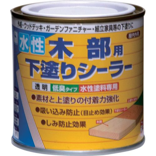 特長:●吸い込みやすい木部に下塗りしておけば、吸い込み防止や、しみ防止効果があるので、上塗りが平滑に美しく仕上がります。●屋外木部に水性塗料（木部専用塗料は不可）を塗る場合、下塗りしておけば密着性が高くなり、上塗り塗料がはがれにくくなり、いっそう長持ちします。●水性なので安全性が高く、いやな臭いも少なく、ハケやローラーで簡単に塗れます。 用途:●屋内外の木製品・木工品の下塗りに。 仕様:●色：透明●容量(L)：0.2●乾燥時間：夏(30度)約1時間、冬(10度)約2時間●塗布面積(［［M2］］)：約2〜2.5 材質／仕上:●合成樹脂（アクリル）、水特長:●吸い込みやすい木部に下塗りしておけば、吸い込み防止や、しみ防止効果があるので、上塗りが平滑に美しく仕上がります。●屋外木部に水性塗料（木部専用塗料は不可）を塗る場合、下塗りしておけば密着性が高くなり、上塗り塗料がはがれにくくなり、いっそう長持ちします。●水性なので安全性が高く、いやな臭いも少なく、ハケやローラーで簡単に塗れます。 用途:●屋内外の木製品・木工品の下塗りに。 仕様:●色：透明●容量(L)：0.2●乾燥時間：夏(30度)約1時間、冬(10度)約2時間●塗布面積(［［M2］］)：約2〜2.5 材質／仕上:●合成樹脂（アクリル）、水