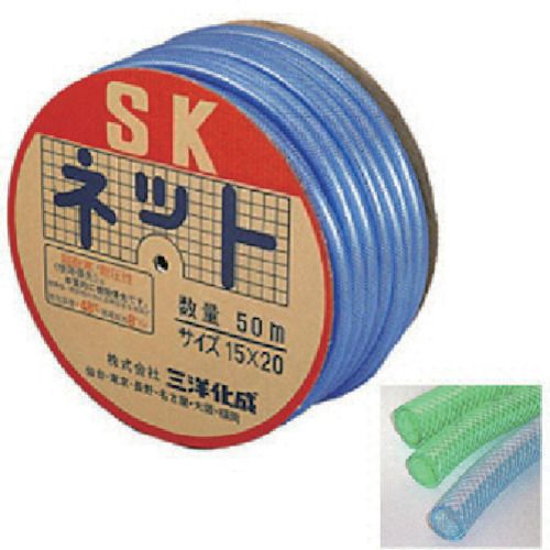 特長:●中間補強糸により破裂しにくい、流体が見えるクリアタイプの耐圧ホースです。●中間補強糸の強度や構造などにより耐圧性が強化された耐圧ホースです。●-50℃以下の環境下において使用できる耐寒性に優れた高重合タイプのホースです。●流体を確認することが出来るクリアタイプのホースです。●止水機能付きノズルに使用可能な耐圧ホースです。 用途:●家庭用給水用具に。●家庭用散水用具に。●農業用散水用具に。 仕様:●長さ(m)：50●内径(mm)：15●外径(mm)：20●許容曲げ半径(mm以上)：66●最小曲げ半径(mm)：66●色：ブルー 仕様2:●糸入り二重管ホース●使用温度範囲：0〜60℃●脆化温度：-50℃●食品衛生法(厚生労働省告示第370号)適合●適合流体：水●最高使用圧力：1.0MPa（環境温度23℃時）、0.67MPa（環境温度60℃時） 材質／仕上:●PVC●ポリエステル糸特長:●中間補強糸により破裂しにくい、流体が見えるクリアタイプの耐圧ホースです。●中間補強糸の強度や構造などにより耐圧性が強化された耐圧ホースです。●-50℃以下の環境下において使用できる耐寒性に優れた高重合タイプのホースです。●流体を確認することが出来るクリアタイプのホースです。●止水機能付きノズルに使用可能な耐圧ホースです。 用途:●家庭用給水用具に。●家庭用散水用具に。●農業用散水用具に。 仕様:●長さ(m)：50●内径(mm)：15●外径(mm)：20●許容曲げ半径(mm以上)：66●最小曲げ半径(mm)：66●色：ブルー 仕様2:●糸入り二重管ホース●使用温度範囲：0〜60℃●脆化温度：-50℃●食品衛生法(厚生労働省告示第370号)適合●適合流体：水●最高使用圧力：1.0MPa（環境温度23℃時）、0.67MPa（環境温度60℃時） 材質／仕上:●PVC●ポリエステル糸