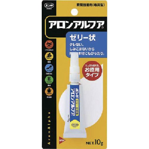 特長:●コルク、厚紙など吸い込みやすい材質も瞬時に接着します。●ゼリー状だから、充填接着が可能です。 用途:●プラスチック・金属・合成ゴム・木材・陶磁器の接着。 仕様:●容量(g)：10●固着時間(23℃)：5秒 仕様2:●高粘度型(ゼリー状 材質／仕上:●主成分:シアノアクリレート系特長:●コルク、厚紙など吸い込みやすい材質も瞬時に接着します。●ゼリー状だから、充填接着が可能です。 用途:●プラスチック・金属・合成ゴム・木材・陶磁器の接着。 仕様:●容量(g)：10●固着時間(23℃)：5秒 仕様2:●高粘度型(ゼリー状 材質／仕上:●主成分:シアノアクリレート系