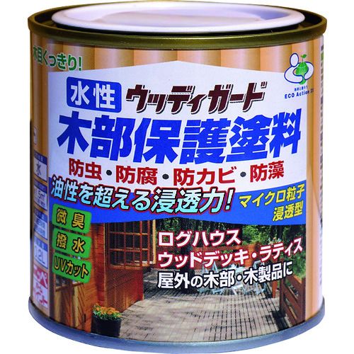 特長:●マイクロ粒子浸透型の新しい微臭の水性木部保護塗料です。●木材の防虫・防腐・防かび・防藻効果に優れ、木材に浸透して内部から木の腐食を防ぎます。●耐候性に優れたマイクロ粒子浸透型顔料の採用で、木目がよりくっきりキレイな仕上がりになります。●日光による木の焼けを防ぐために、紫外線吸収剤を配合し色アセ・劣化を防止します。(UVカット)●自然にやさしい蜜蝋成分を配合し、はっ水効果があります。 用途:●ログハウス・ウッドデッキ・ラティス（木製フェンス）・ぬれ縁・門扉・板塀・雨戸・戸袋・ルーバーなど屋外の木部・木製品。 仕様:●色：ウォルナット●容量(L)：0.2●乾燥時間：約2時間(夏30℃)、約4時間(冬10℃)●塗布面積(［［M2］］)：約1.5 仕様2:●塗布面積：約1.5(平米) 材質／仕上:●合成樹脂（アルキド・アクリル）、顔料、木材防虫剤、防腐剤、防かび剤、防藻剤、水特長:●マイクロ粒子浸透型の新しい微臭の水性木部保護塗料です。●木材の防虫・防腐・防かび・防藻効果に優れ、木材に浸透して内部から木の腐食を防ぎます。●耐候性に優れたマイクロ粒子浸透型顔料の採用で、木目がよりくっきりキレイな仕上がりになります。●日光による木の焼けを防ぐために、紫外線吸収剤を配合し色アセ・劣化を防止します。(UVカット)●自然にやさしい蜜蝋成分を配合し、はっ水効果があります。 用途:●ログハウス・ウッドデッキ・ラティス（木製フェンス）・ぬれ縁・門扉・板塀・雨戸・戸袋・ルーバーなど屋外の木部・木製品。 仕様:●色：ウォルナット●容量(L)：0.2●乾燥時間：約2時間(夏30℃)、約4時間(冬10℃)●塗布面積(［［M2］］)：約1.5 仕様2:●塗布面積：約1.5(平米) 材質／仕上:●合成樹脂（アルキド・アクリル）、顔料、木材防虫剤、防腐剤、防かび剤、防藻剤、水