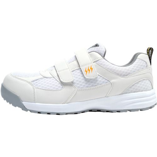 特長:●アッパーに通気性のいいメッシュを使用した静電気帯電防止セーフティシューズです。●靴底の導電配合ラバーから人体や衣服に帯電した静電気を床面へと逃がします。●フィット感のあるカップインソールの履き心地も抜群です。 用途:●一般作業に 仕様:●色：ホワイト●規格：JSAA規格 B種認定品●製法：セメント製法●足幅：EEEE 仕様2:●抗菌・防臭中底●衝撃吸収●耐油性ゴム底●軽量SPソール●通気性●男女兼用●静電 材質／仕上:●先芯:樹脂先芯●甲被:合成皮革+メッシュ●靴底:EVA+ラバー●中敷：EVAカップインソール(導電繊維入り)特長:●アッパーに通気性のいいメッシュを使用した静電気帯電防止セーフティシューズです。●靴底の導電配合ラバーから人体や衣服に帯電した静電気を床面へと逃がします。●フィット感のあるカップインソールの履き心地も抜群です。 用途:●一般作業に 仕様:●色：ホワイト●規格：JSAA規格 B種認定品●製法：セメント製法●足幅：EEEE 仕様2:●抗菌・防臭中底●衝撃吸収●耐油性ゴム底●軽量SPソール●通気性●男女兼用●静電 材質／仕上:●先芯:樹脂先芯●甲被:合成皮革+メッシュ●靴底:EVA+ラバー●中敷：EVAカップインソール(導電繊維入り)