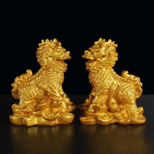 Rakuten - 1ペア中国の銅風水キリンチリンキリン神獣像ホームゴールド5.5x7cm