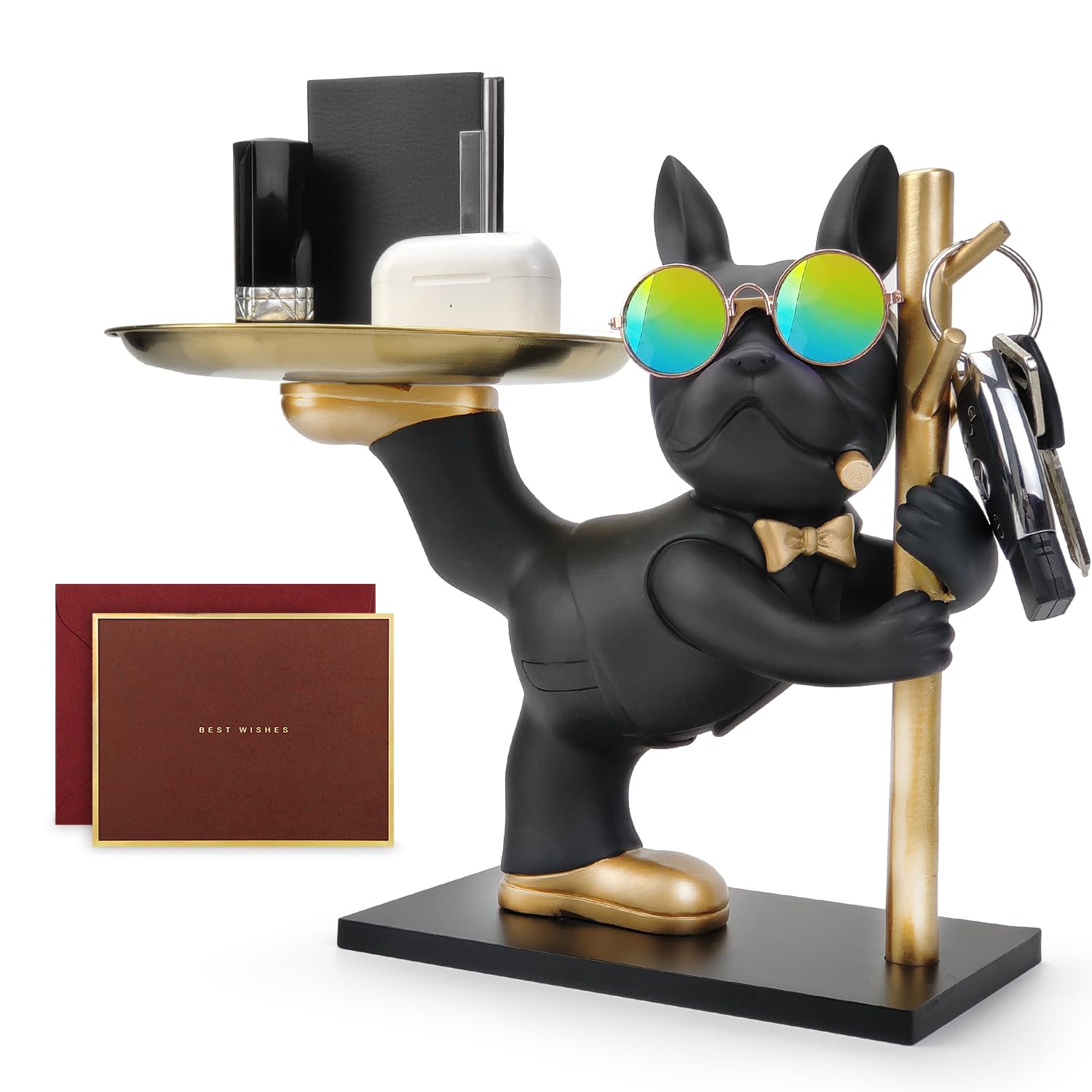 Rakuten - 皿を蹴り犬さん 玄関収納 キー収納 鍵置き アクセサリースタンド ブルドッグ ホワイトデー置物 面白い犬オーナメント 卓上便利な収納 玄関に飾る 鍵置き 眼鏡/玄関のハンコ/印鑑/リモコン/化粧品