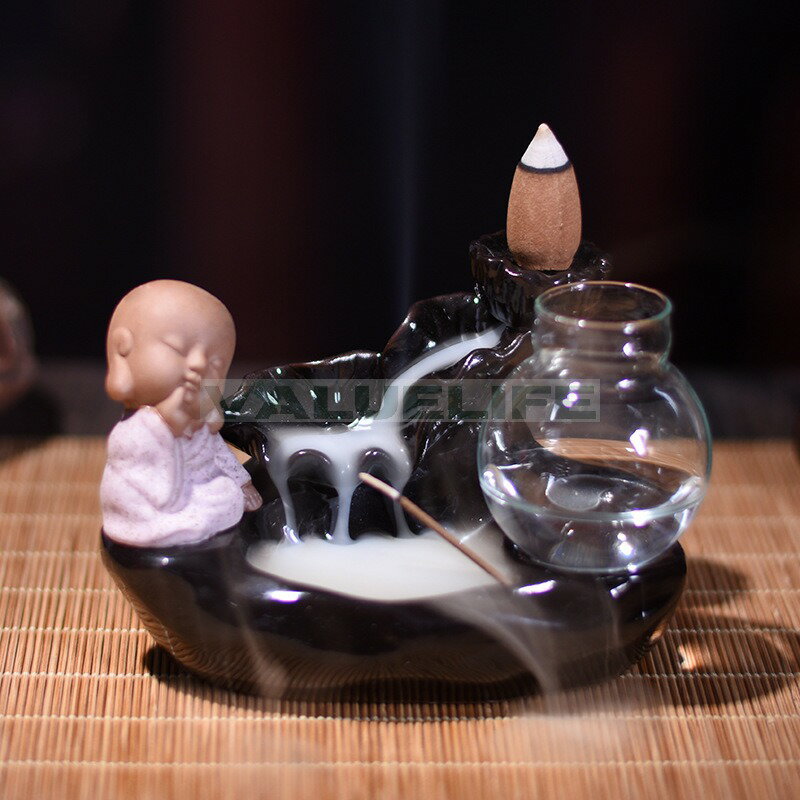 Rakuten - 陶磁器 小沙弥檀香炉 蓮の葉 逆流香薫炉 水培植物 ガラス瓶 リラックス インテリア 日常使い 癒し 煙が下へ流れる