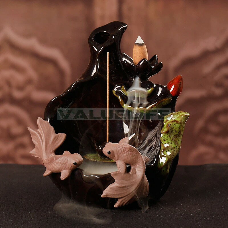 Rakuten - 禅意陶磁器 逆流香炉 ハスの花と魚 逆流の鑑賞 香薫炉 装飾品 リラックス インテリア 日常使い 癒し 煙が下へ流れる 香りを楽しむ