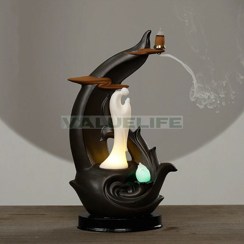 Interior Accessories - 陶磁器 逆流香薫炉 LEDランプ 蓮の鑑賞 逆流香炉 工芸品 置物 リラックス インテリア 日常使い 癒し 煙が下へ流れる 香りを楽しむ