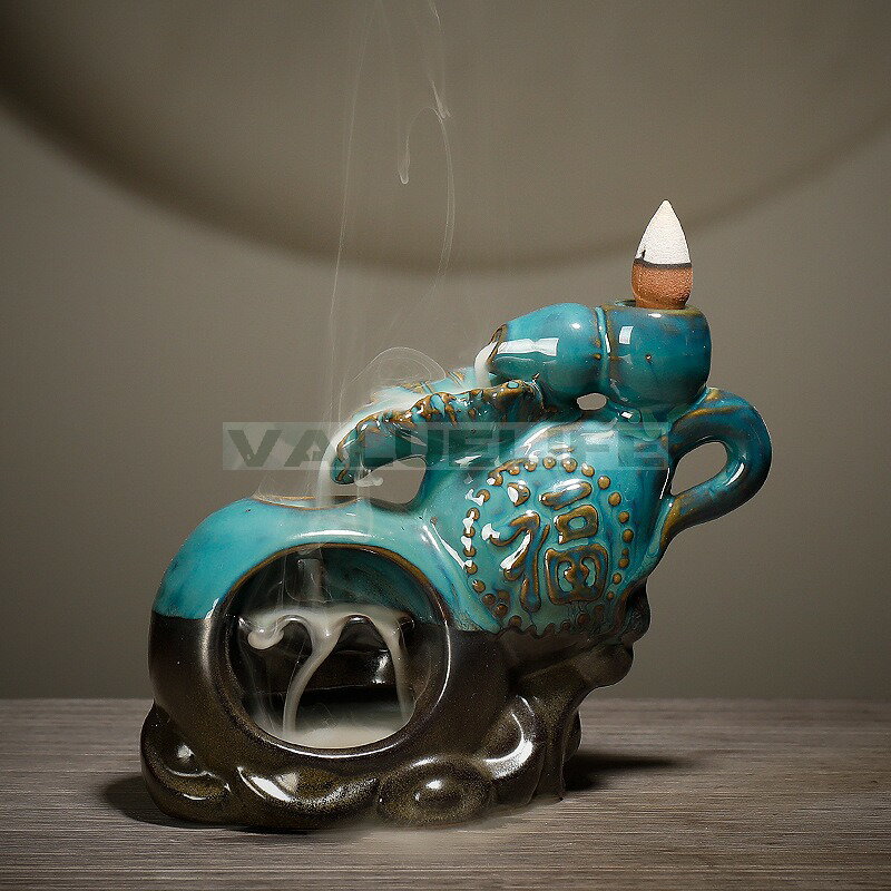 Rakuten - 陶磁器 逆流煙香薫炉 青い縁起物 ひょうたん逆流香炉 工芸品 リラックス インテリア 日常使い 癒し 煙が下へ流れる 香りを楽しむ