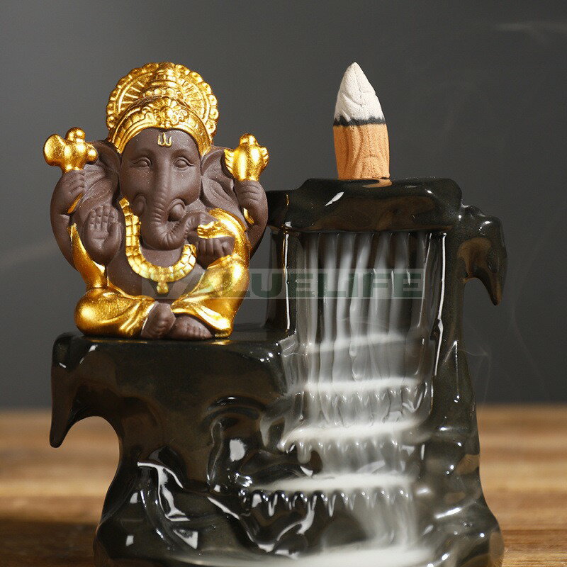 Rakuten - 陶磁器小象 煙逆流香炉 描金象頭神 装飾品 リラックス インテリア 日常使い 癒し 煙が下へ流れる 香りを楽しむ 縁起物