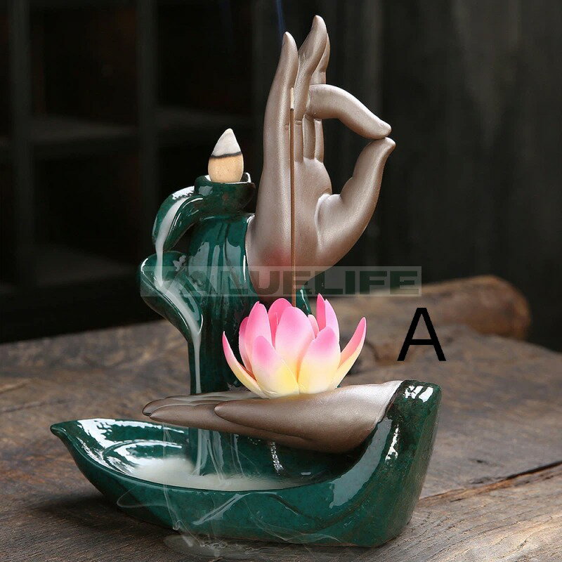 Rakuten - 陶磁器 仏手 蓮 如来 逆流香薫炉 装飾品 置物 リラックス インテリア 癒し 煙が下へ流れる 香りを楽しむ 縁起物 仏具