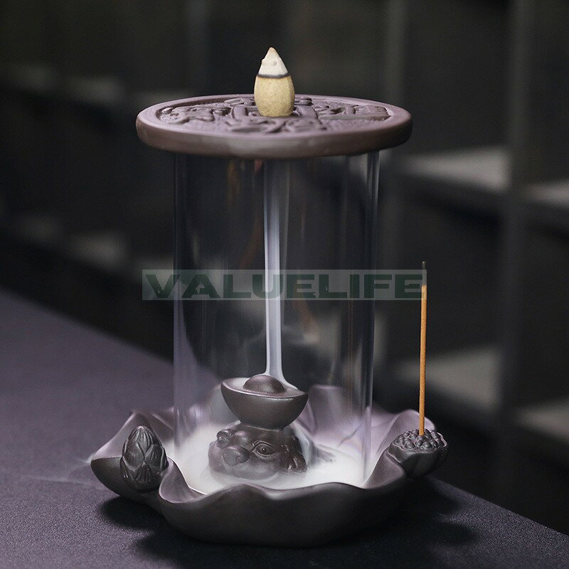 Rakuten - 逆流香炉 ハス池 飾り防風カバー ヒキガエル 逆流香薫炉 工芸品 リラックス インテリア 癒し 煙が下へ流れる 香りを楽しむ 開運