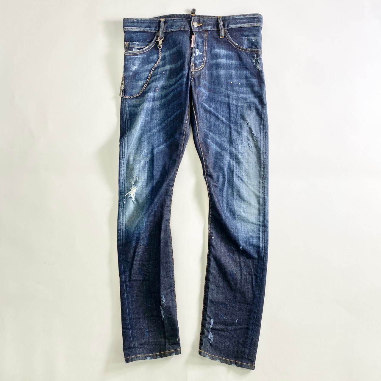 《美品》イタリア製 DSQUARED2 ディースクエアード ヴィンテージ加工 デニムスキニーパンツ 46 インディゴ ウォレットチェーン付き 【中古】