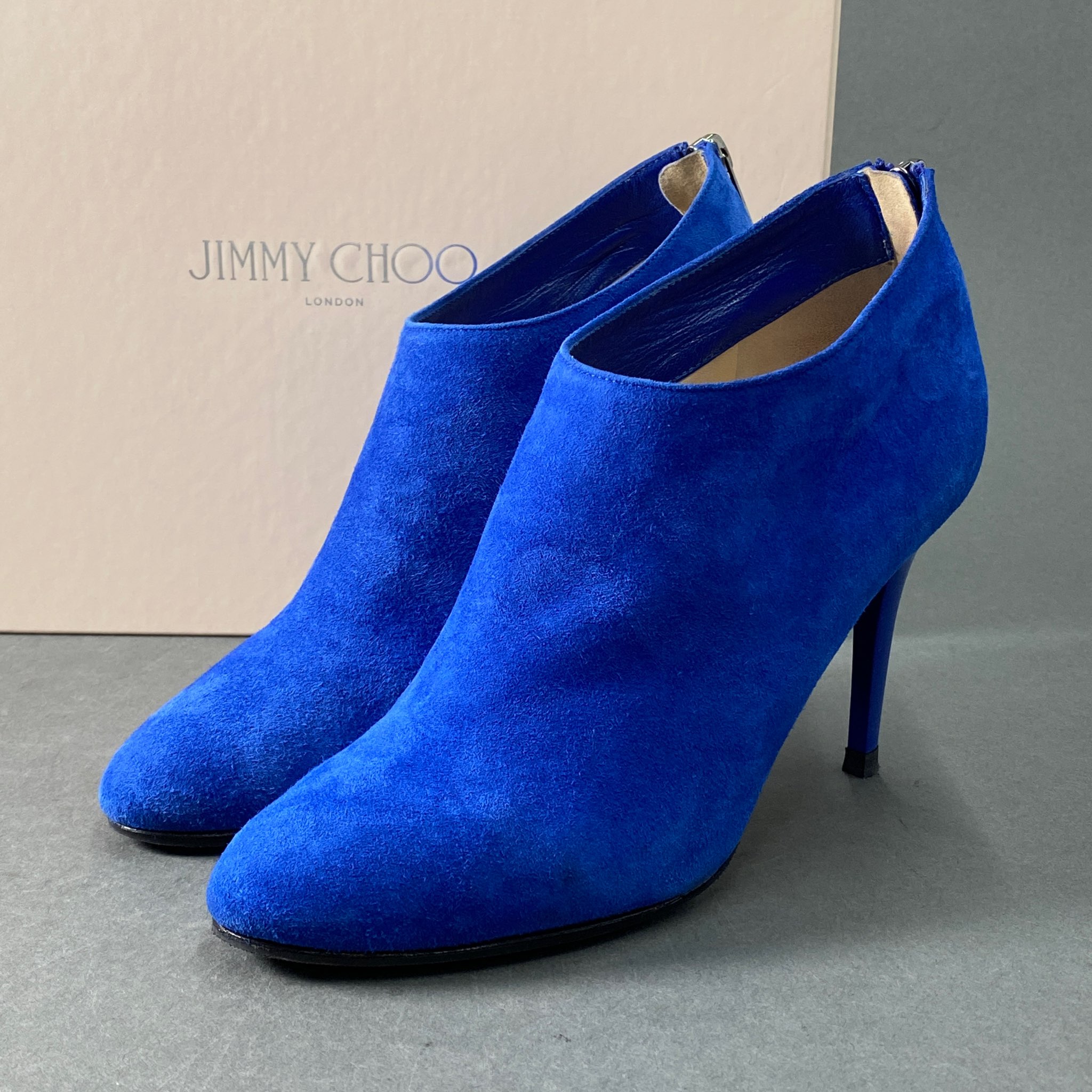 JIMMY CHOO ジミーチュウ イタリア製 144MENDEZ バックジップ ヒール ブーティ シューズ 37 ブルー スエード レザー MADE IN ITALY 【中古】