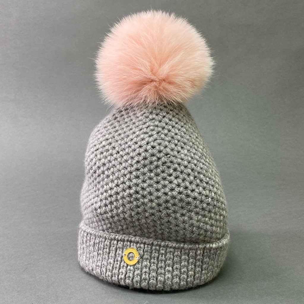 《美品》 Loro Piana ロロピアーナ ボンボリ カシミヤニットキャップ サークルプレート付き F グレー ピンク ビーニーキャップ 帽子 イタリア製 【中古】