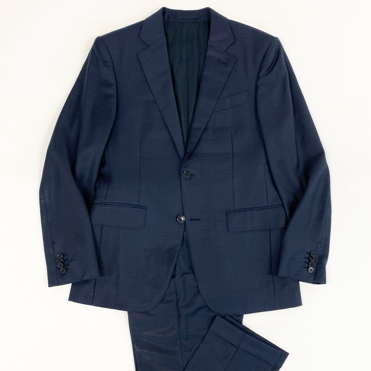 【美品】2022SS Ermenegildo Zegna エルメネジルドゼニア TOROFEO トロフェオ 2B シングルスーツ セットアップ ネイビー チェック サイズ7-46C メンズ ドレススーツ 【中古】