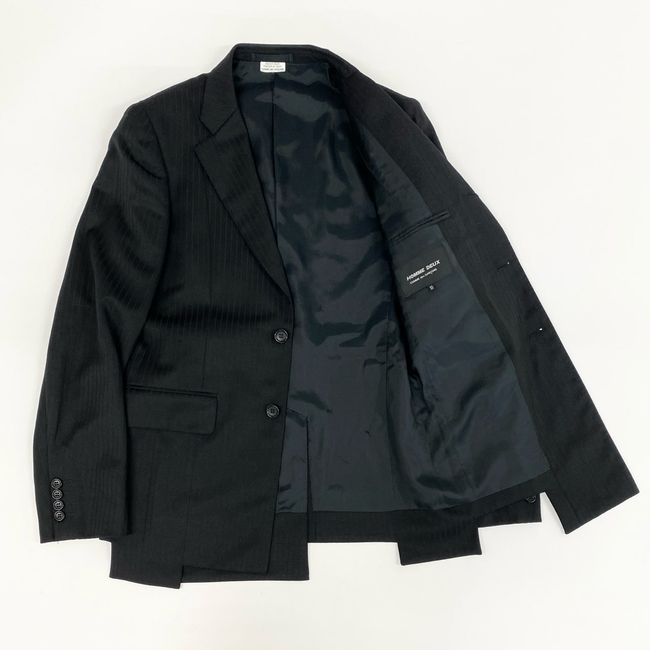 COMME de GARCONS HOMME DEUX コムデギャルソン オムドゥ シングルスーツ セットアップ デザインジャケット DK-J030/DK-P032 サイズXS ブラック ストライプ ウール メンズk02i【中古】