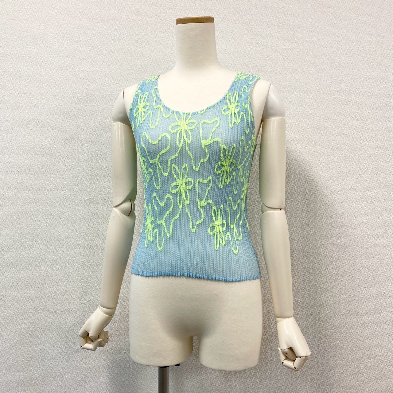 《極美品》 PLEATS PLEASE プリーツプリーズ イッセイミヤケ フラワープリント メッシュ ノースリーブトップス カットソー 2000ss PP06-JK301 サイズ3 ライトブルー ポリエステル レディースu02t 【中古】