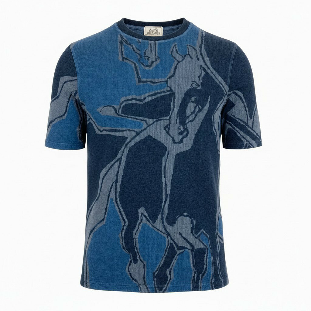 樂天商城 - HERMES エルメス 半袖Tシャツ クルーネック カットソー 鹿の子 Dance of Horses 馬柄 イタリア製 メンズ 紳士服 サイズM ネイビー コットン100％o07t 中古