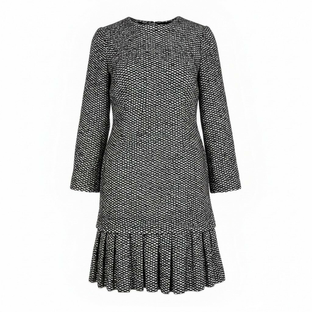 【極美品】 DOLCE&GABBANA ドルチェアンドガッパーナ ツイードワンピース ウールワンピース 裾フリル ロングスリーブ レディース 女性用 40 ブラック ホワイトu02t 中古