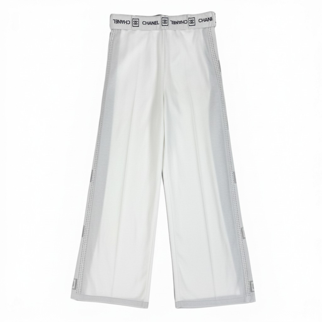 樂天商城 - CHANEL シャネル ワイドニットパンツ ロゴサイドライン Side Logo Wide Leg Knit Pants P30103K0036 42サイズ ホワイト コットン100％ レディース 女性用ta1【中古】