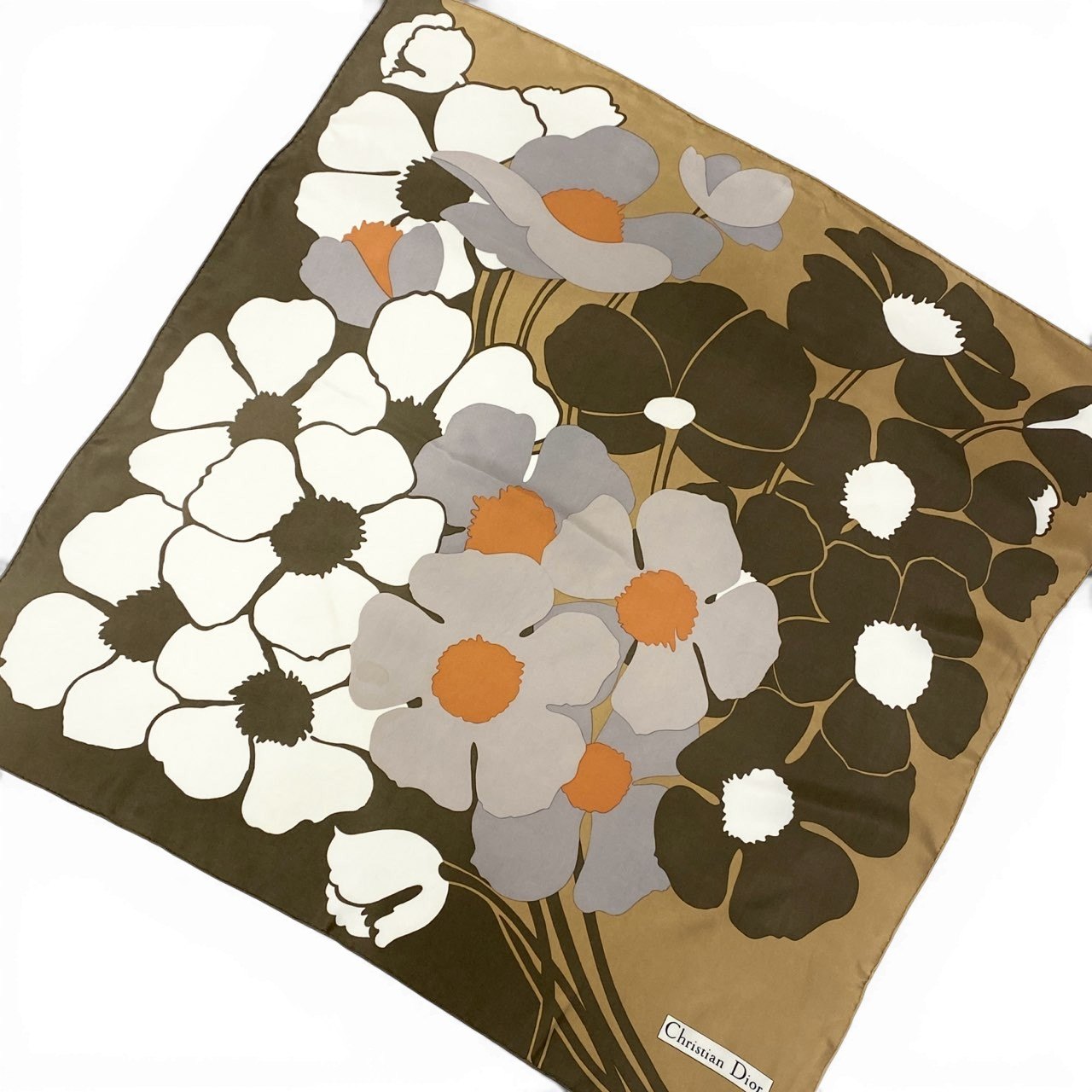 Christian Dior クリスチャンディオール CD Flour Print Scarf フラワープリントスカーフ 茶系t18r 中古