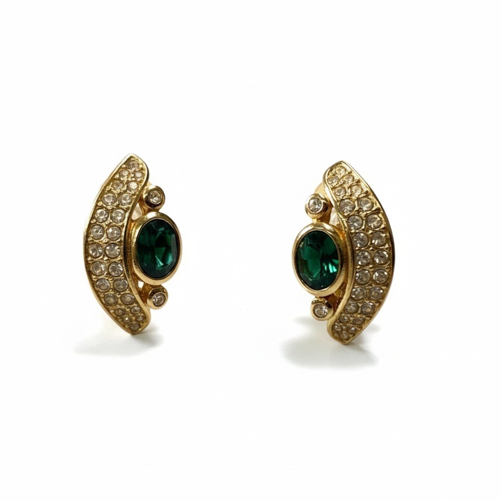 Christian Dior クリスチャンディオール ビジュー イヤリング グリーン ゴールド 両耳 ラインストーン Bijou Luxury Earringt18r 【中古】