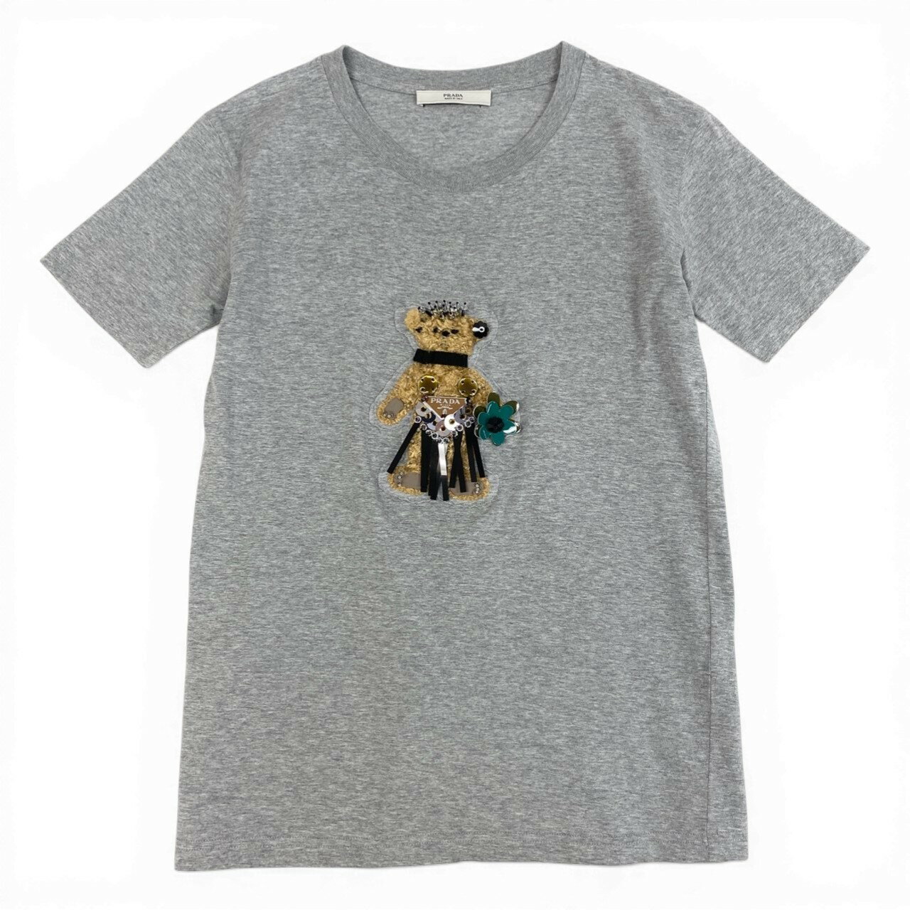樂天商城 - PRADA プラダ テディベア 半袖Tシャツ クルーネック カットソー 三角ロゴプレート ビーズ装飾 クマ レディース 女性服 M グレー コットン100％k02i 中古