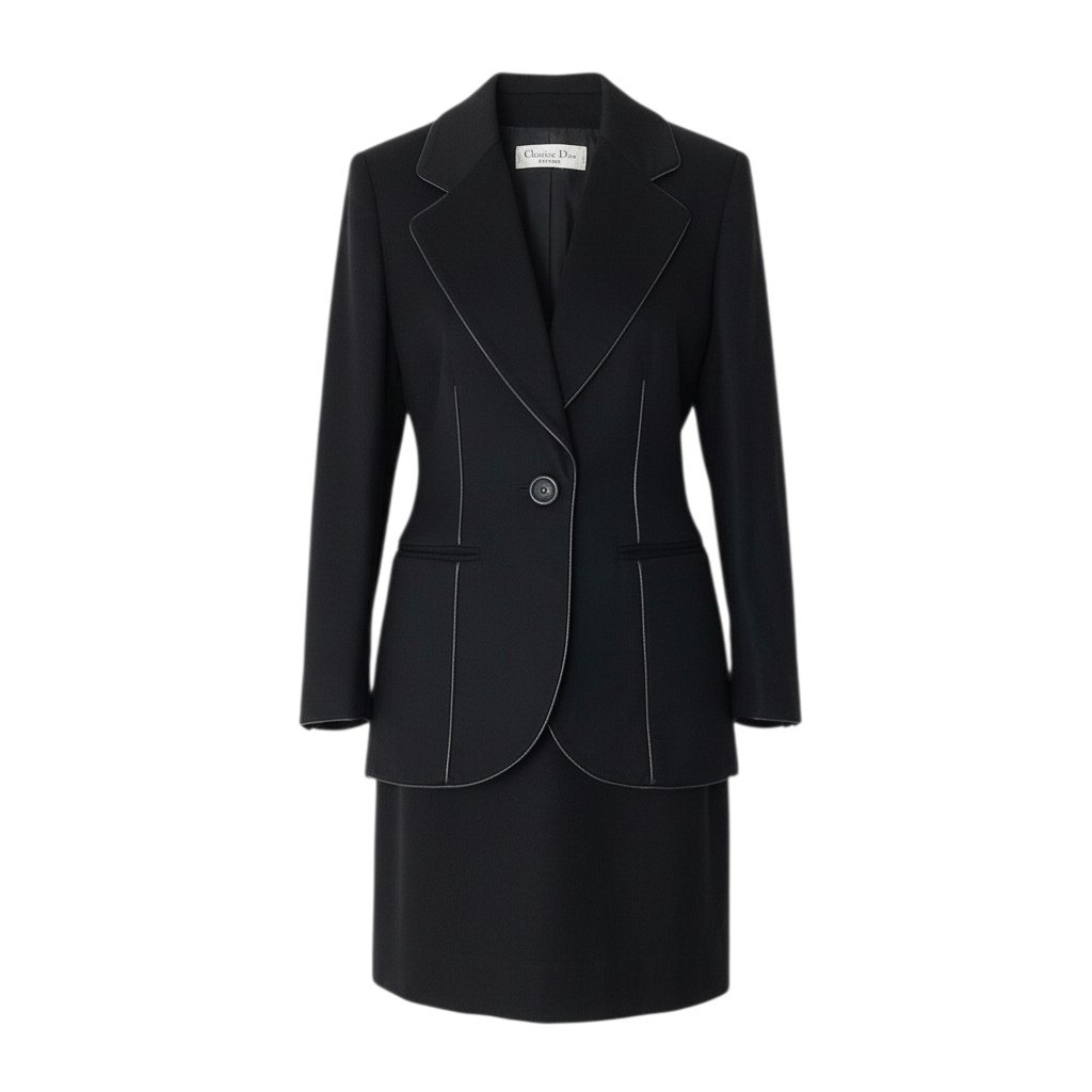 Christian Dior クリスチャンディオール ビンテージ スカートセットアップ テーラードジャケット スカート レザーパイピング ブラック レディース 女性用nu1【中古】