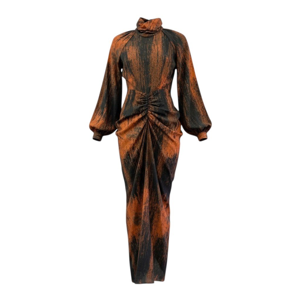 《タグ付》 定価￥74,800 JOHN LAWRENCE SULLIVAN ジョンローレンスサリバン 25AW プリントギャザーロングドレス ワンピース ALL OVER PRINT GATHERED DRESS サイズS オレンジt18r 中古