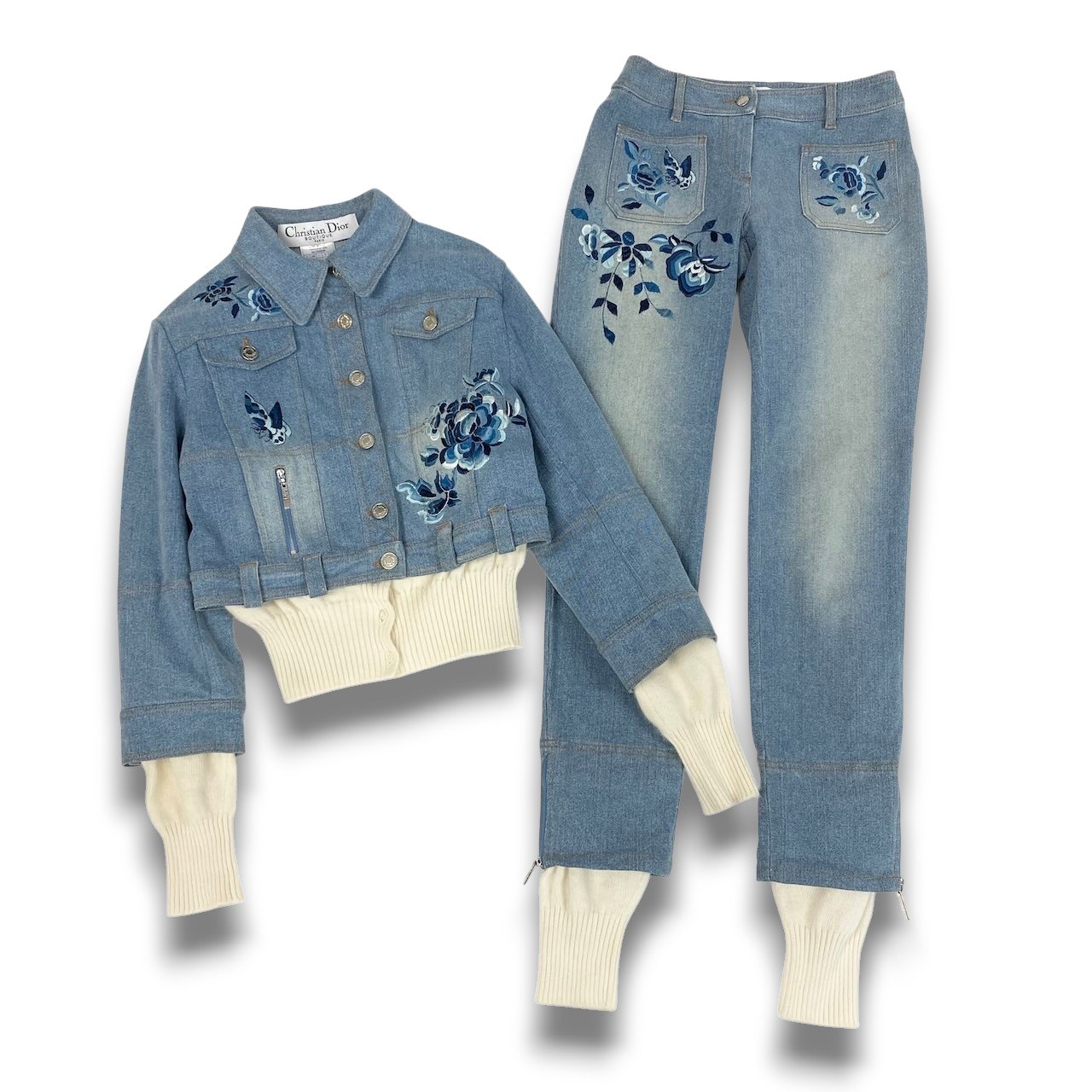 Christian Dior クリスチャンディオール ガリアーノ期 フラワー刺繍 デニムセットアップ by Galliano Flour Embroidery Denim Setup サイズ40 / 34 インディゴブルーt18r 中古