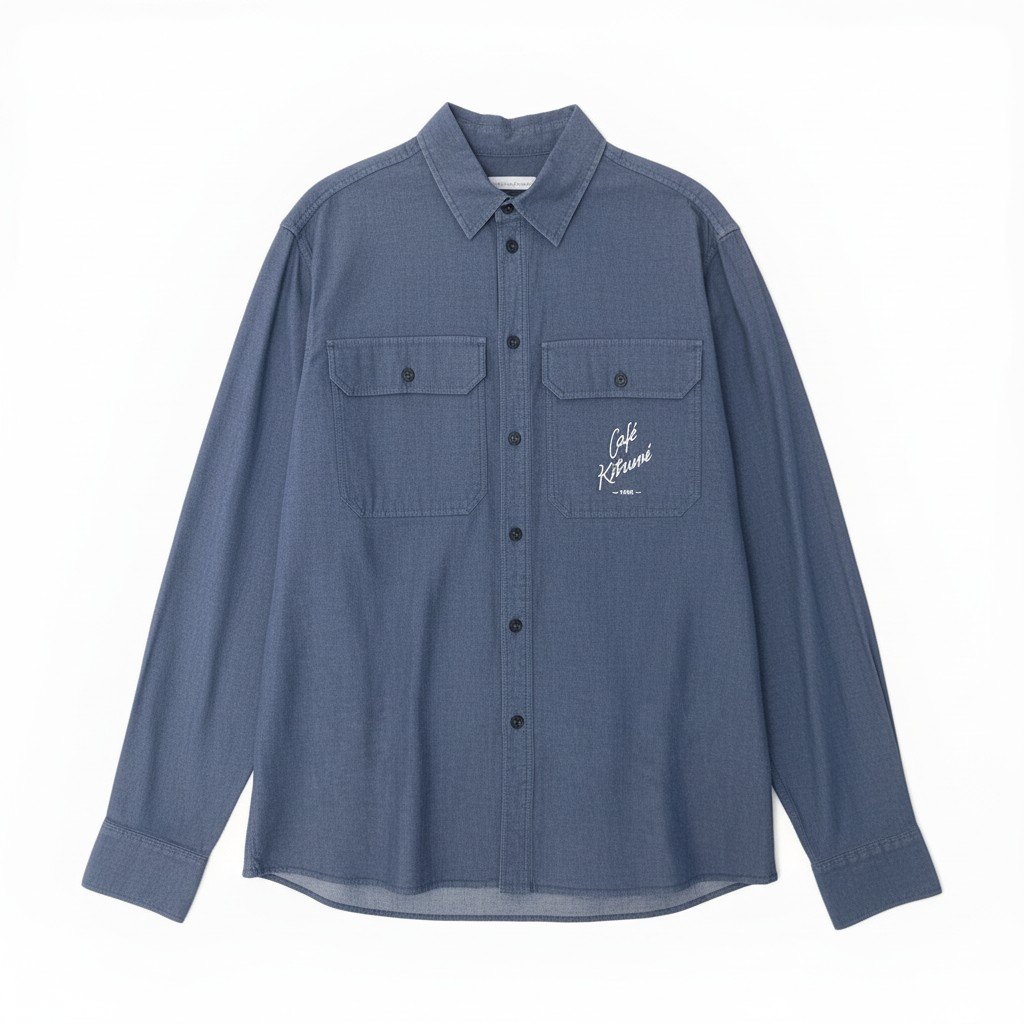 樂天商城 - 【新品保管品】MAISON KITSUNE メゾンキツネ × Cafe Kitsune カフェ キツネ ロングスリーブシャツ ロゴ刺繍 IM00473WC2009 XLサイズ インディゴ メンズ 男性用o07t 中古