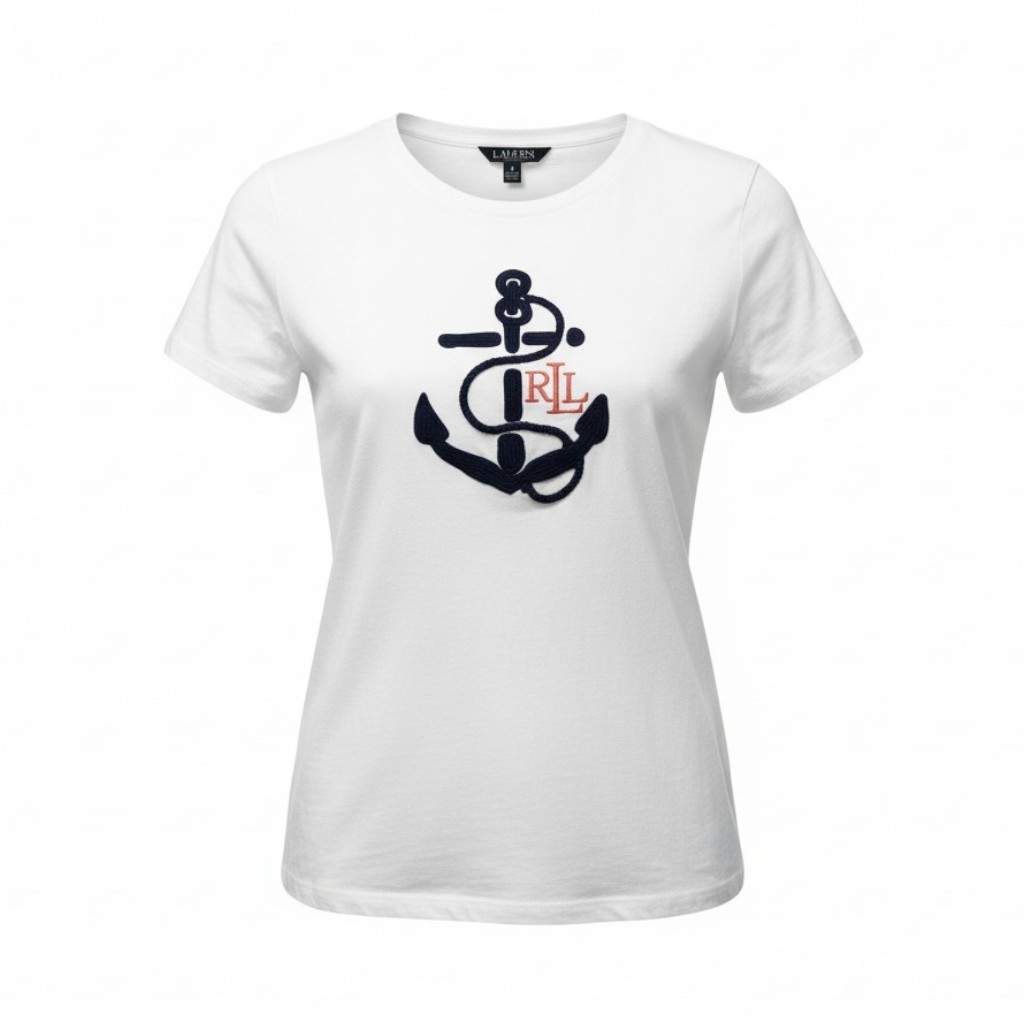 樂天商城 - LAUREN RALPH LAUREN ローレンラルフローレン 半袖Tシャツ Slim Fit スリムフィット 刺繍デザイン トップス Mサイズ ホワイト レディース 女性用u02t 中古