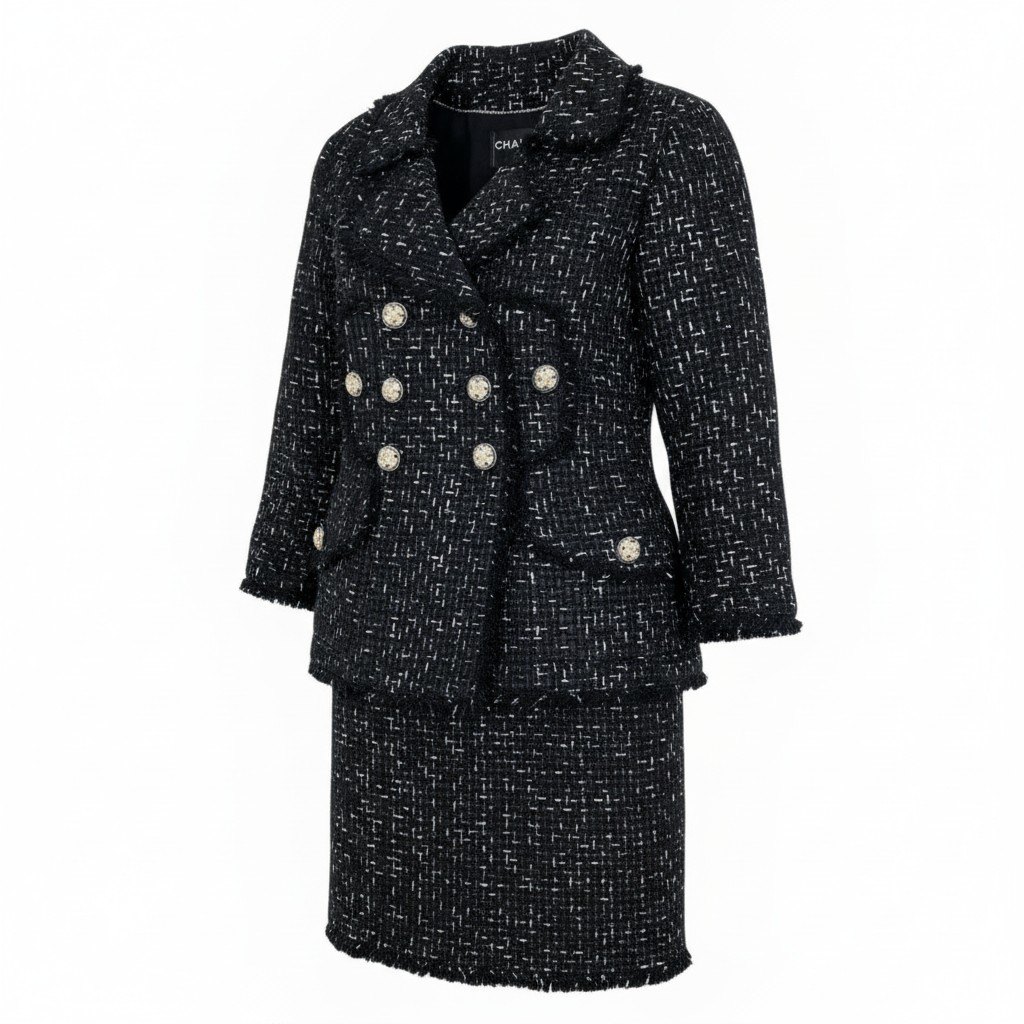 樂天商城 - 《極美品》 CHANEL シャネル ロゴリボンテープ ルサージュ ダブルツイード セットアップ Logo Ribbon Lesage Double Tweed Setup P45108 サイズ36 ブラックt18r 中古