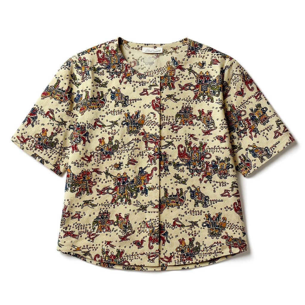 樂天商城 - 【美品】 Hitoshi Tamura ヒトシタムラ 半袖 シャツジャケット ノーカラーシャツ ちりめん 総柄プリント クルミボタン アイボリー ポリエステル100％ レディース 女性用u02t 中古