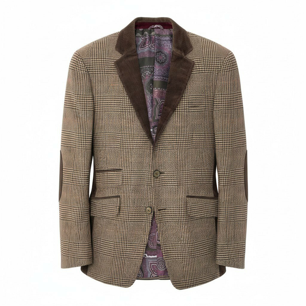 ETRO エトロ テーラードジャケット グレンチェック コーデュロイ切替 裏地総柄 サイズ48 ブラウン系 メンズ 紳士服u02t