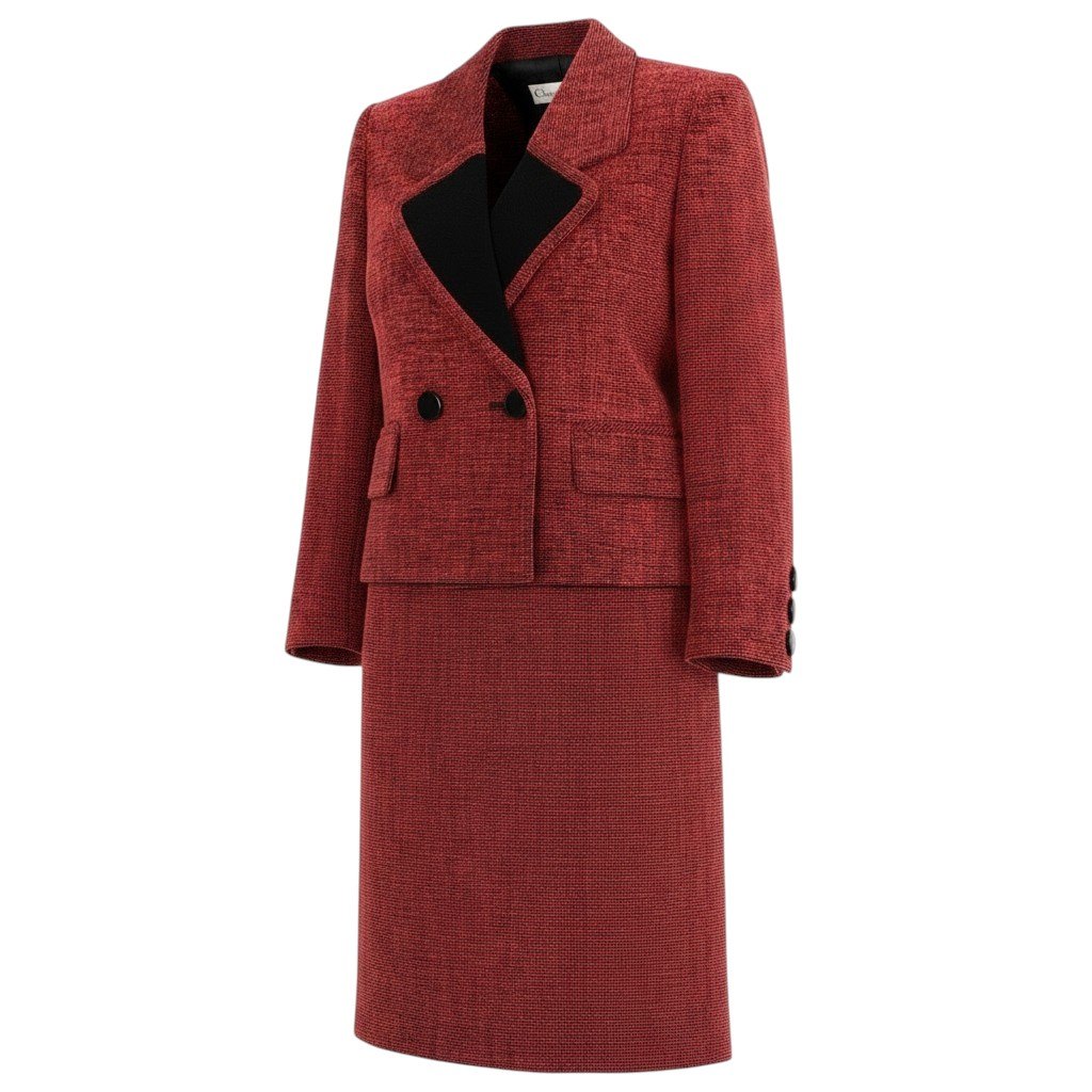 8f5 【美品】 Christian Dior クリスチャンディオール セットアップ スカートスーツ ツイードジャケット ダブルブレスト フォーマル バイカラー サイズ9 ブラック レッド レディース 女性服u02t