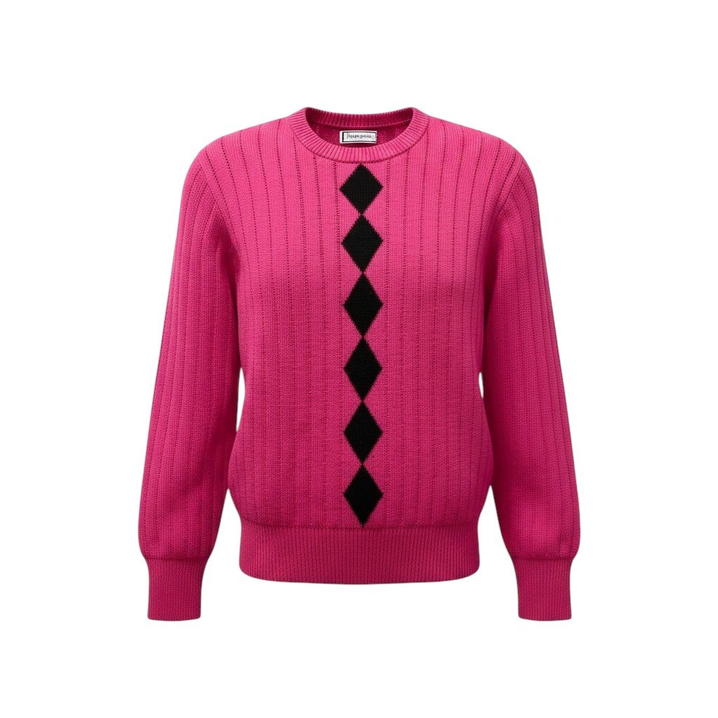 YVES SAINT LAURENT イヴサンローラン クルーネック ニットセーター アーガイル柄 ロングスリーブニット サイズM ピンク ウール100％ レディース 女性服o07t