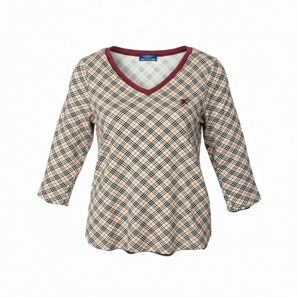 BURBERRY LONDON バーバリーロンドン ホース刺繍 ノバチェック Vネック 長袖Tシャツ カットソー トップス Mサイズ ベージュ コットン レディースo07t 中古