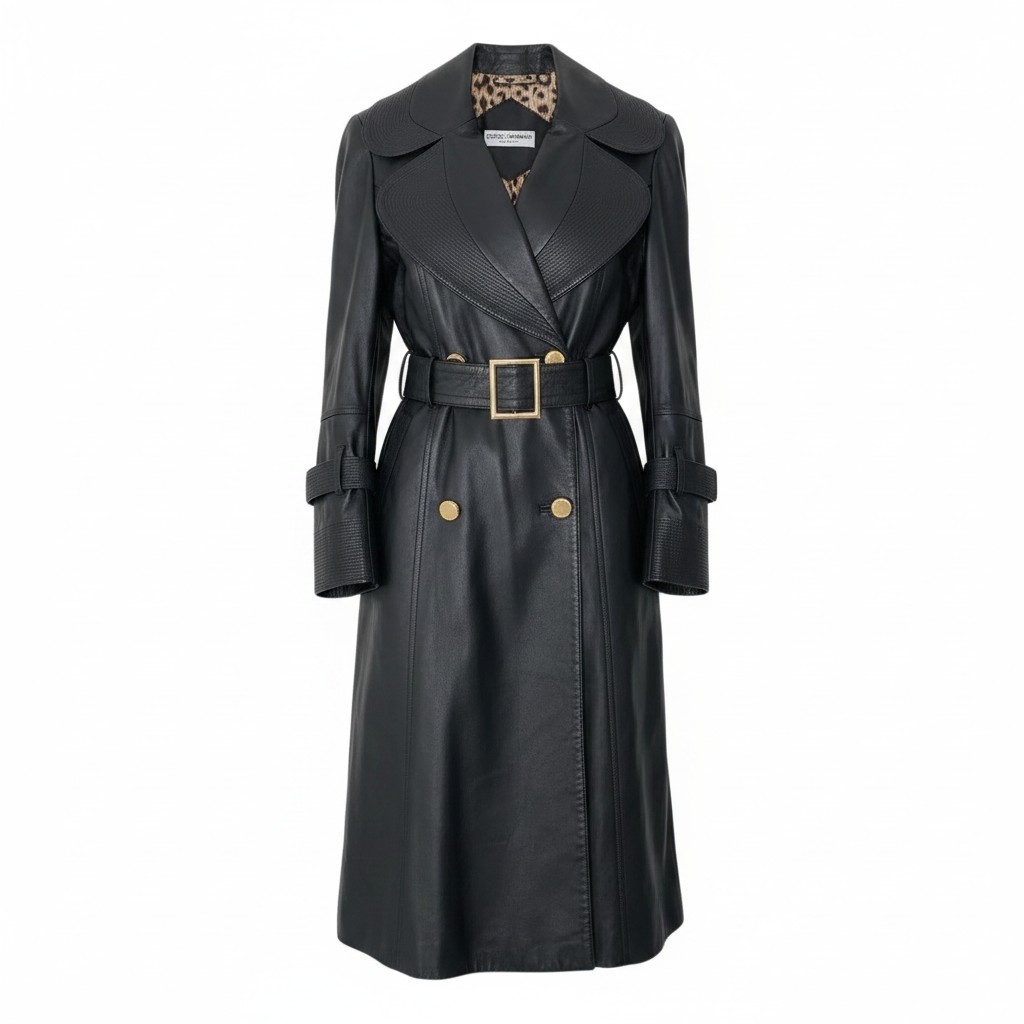 DOLCE&GABBANA ドルチェアンドガッバーナ ラムレザーコート シルクレオパード Lambskin Leather Coat Silk Leopard Print Lining 42 ブラック ベルト付t18r 中古 valuestock-10014953 バリューストック パッケージ画像