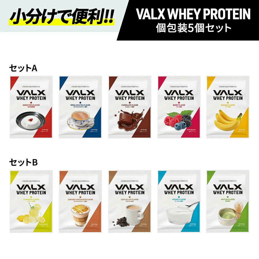 【期間限定P10倍】VALX ホエイプロテイン 個包装 セット お試し バナナ キャラメルマキアート ヨーグルト カフェオレ 抹茶 杏仁豆腐 ロイヤルミルクティー チョコレート ベリー バナナ バルクス WPC 山本義徳 筋トレ タンパク質 男性 女性 安い コスパ チョコ valx公式のサムネイル