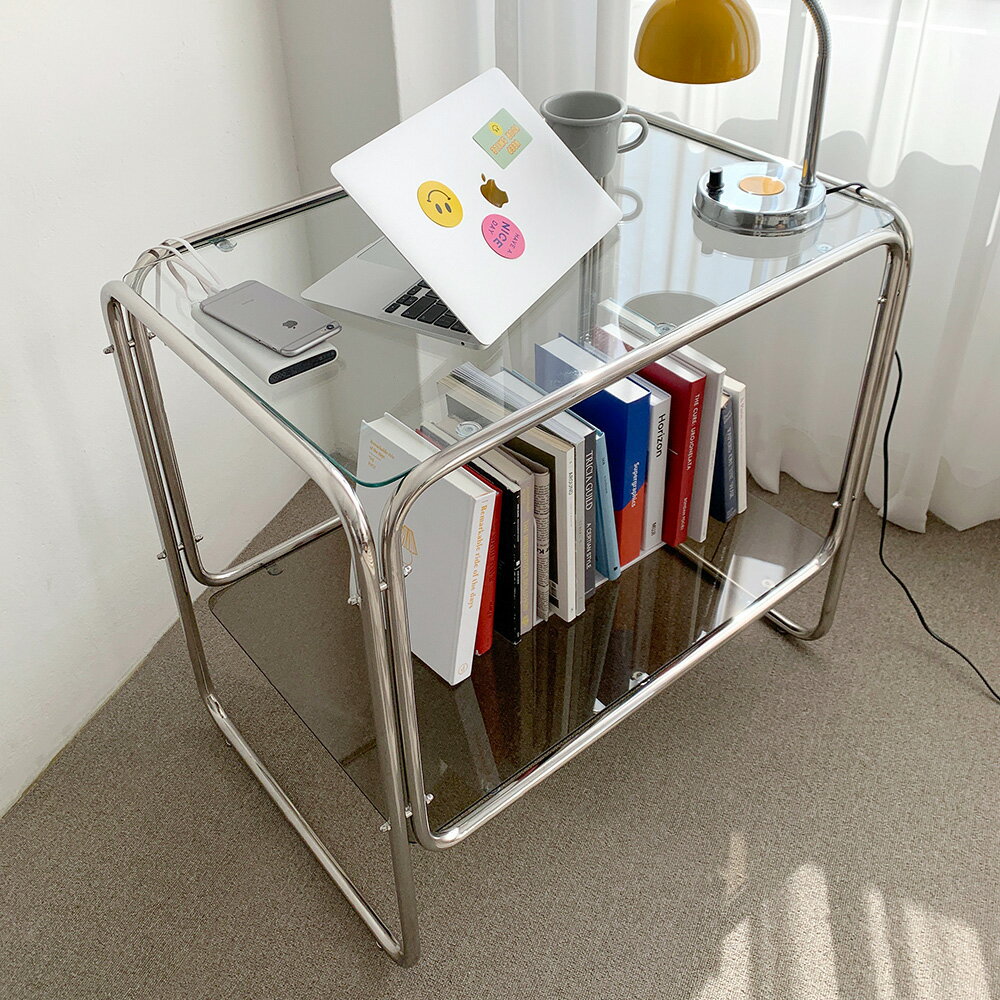 Rakuten - VAMIR バミル ステンレス2段テーブル 韓国インテリア 幅50cm 2段 ガラス製 組み立て簡単 ガラステーブル リビングサイドテーブル ソファサイド ベッドサイドテーブル パソコンデスク コンパクト 収納 リビング収納 おしゃれ 韓国 インテリア
