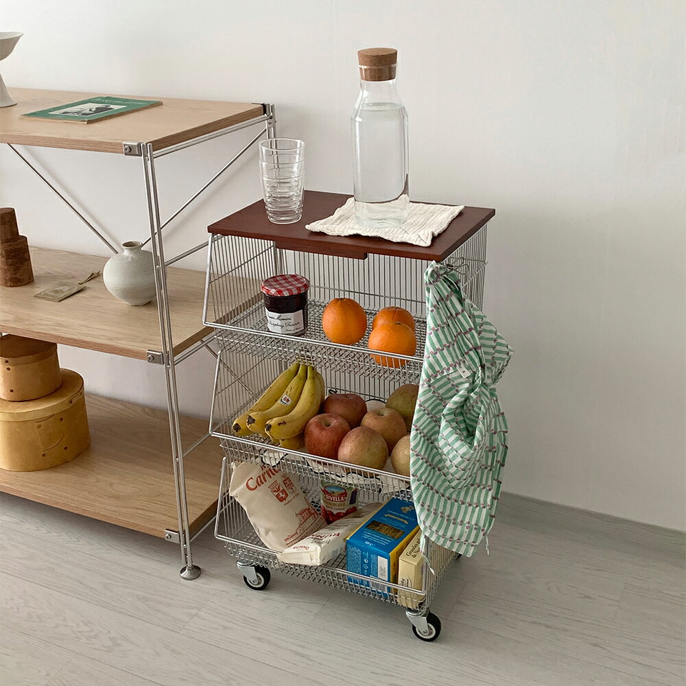O'gre オグレ リトル3段バスケットトロリー 韓国インテリア 1人用 2人用 シルバー ブラウン カゴ型 鉄 ゴムの木 ワゴン キャスター付き ストッパー ...